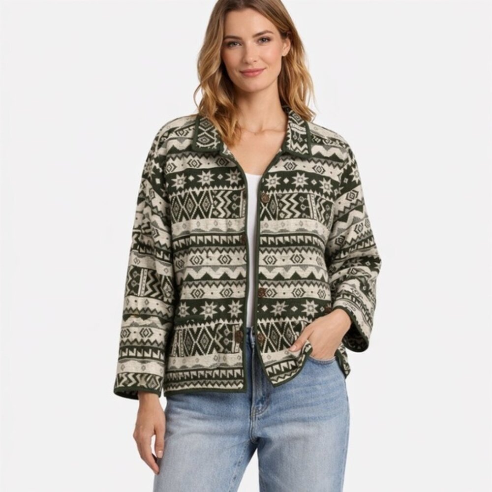 Jane Ashley 100% Cotton Green & Cream Southwestern Button Jacket